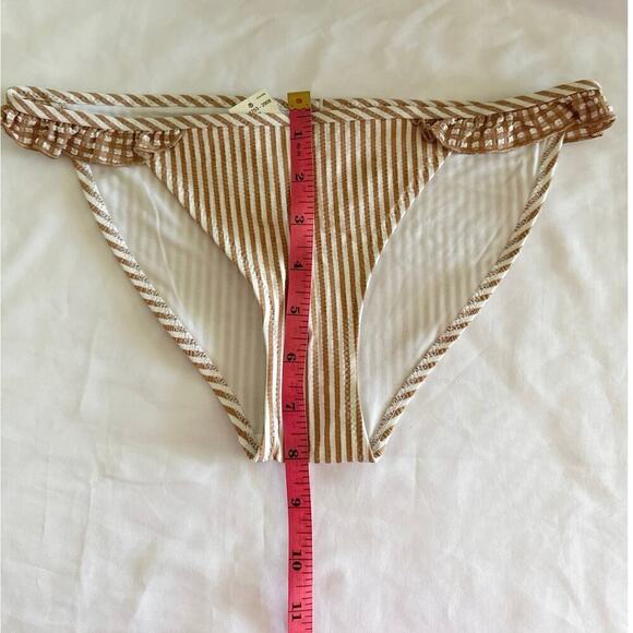 AERIE SWIMWEAR‎ Women's Ruffle Sides Brown White Stripes Bikini Bottom XXS NWT - Picture 5 of 7